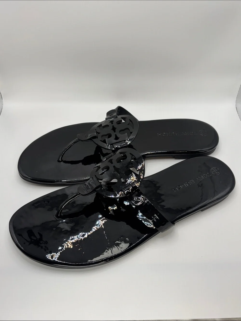 Tory Burch Miller Black Patent Logo Thong Sandals